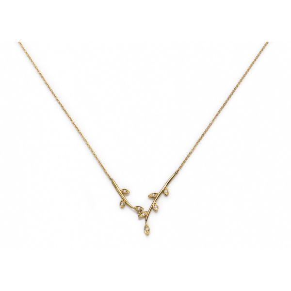Collana Flora con due rametti con foglie e diamanti